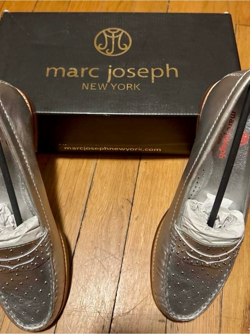 Marc Joseph Silver Metallic Loafers with Stud Accents